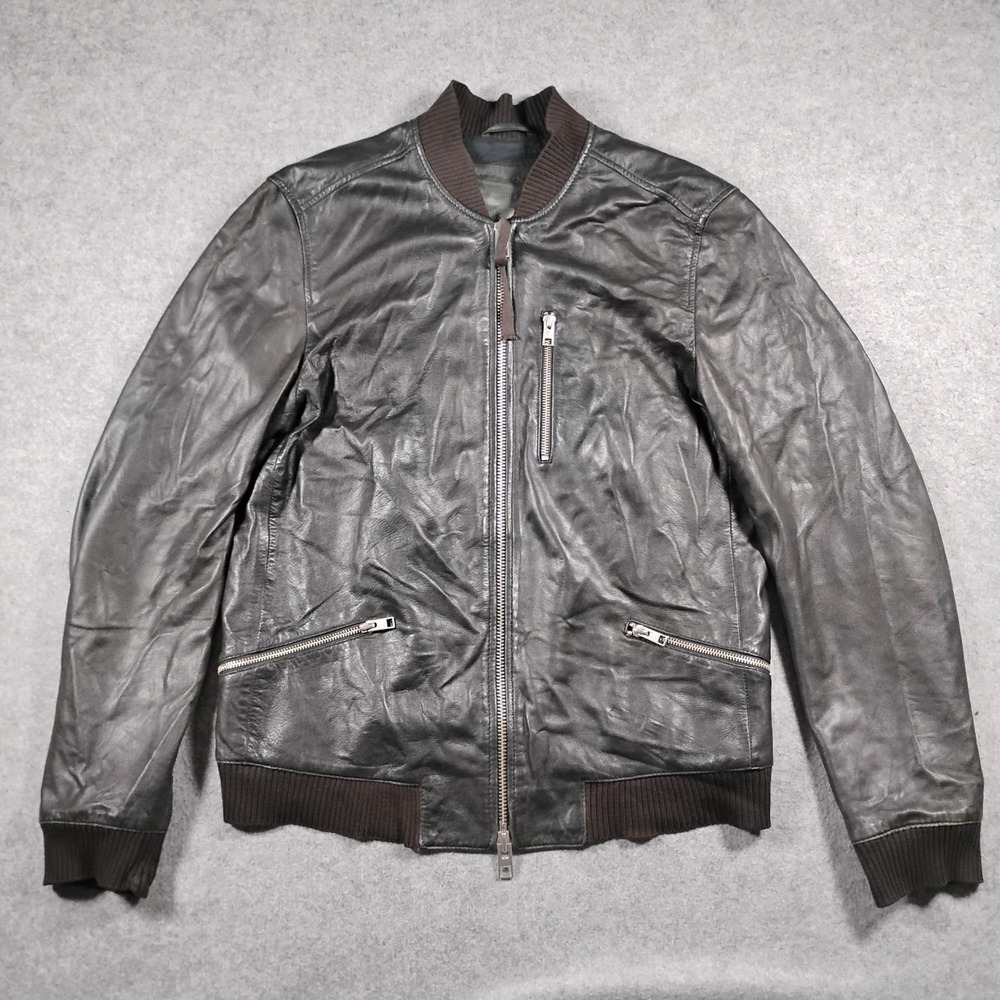 AllSaints Men's Medium Black Leather Bomber Jacket Zip Up Moto Biker Coat